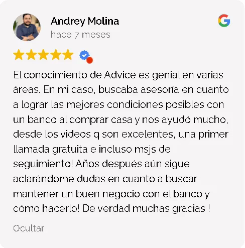 Reseña de cliente de Propiedades ADVICE